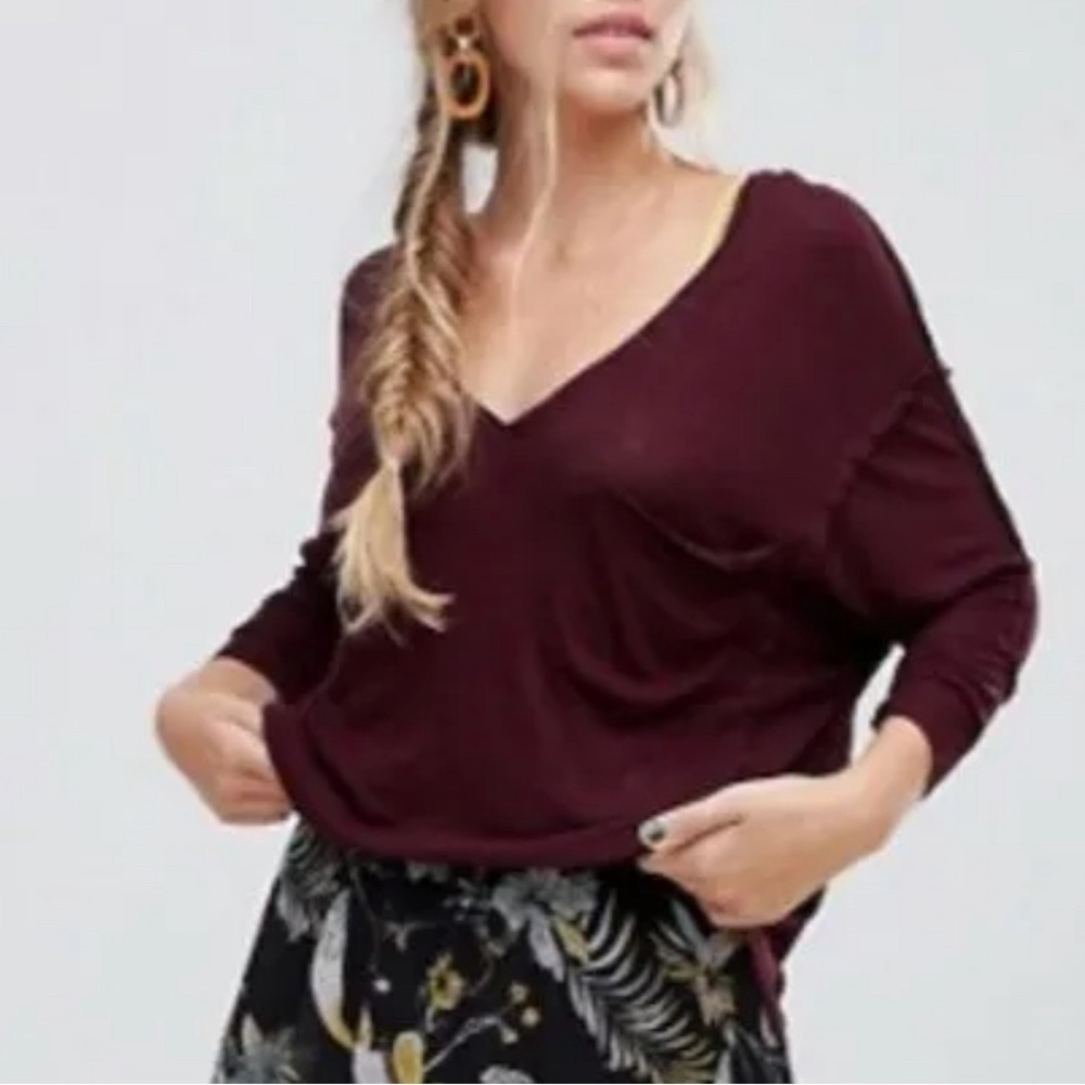 Free People Top Womens Medium Wine Red Golden Gate Tee Oversized Loose Fit Tee